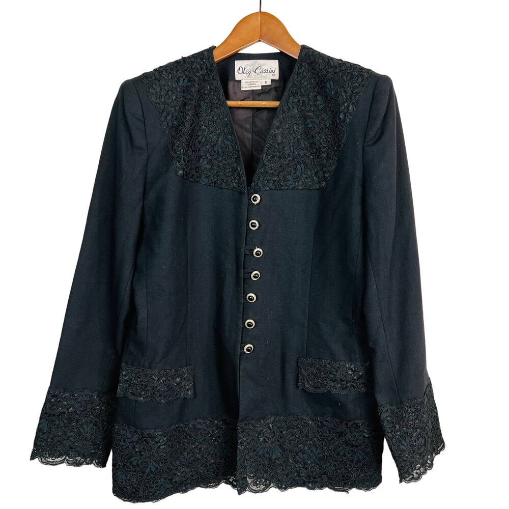 Vintage 80s Oleg Cassini Lace Blazer Black Trim Button Front Classic - 8